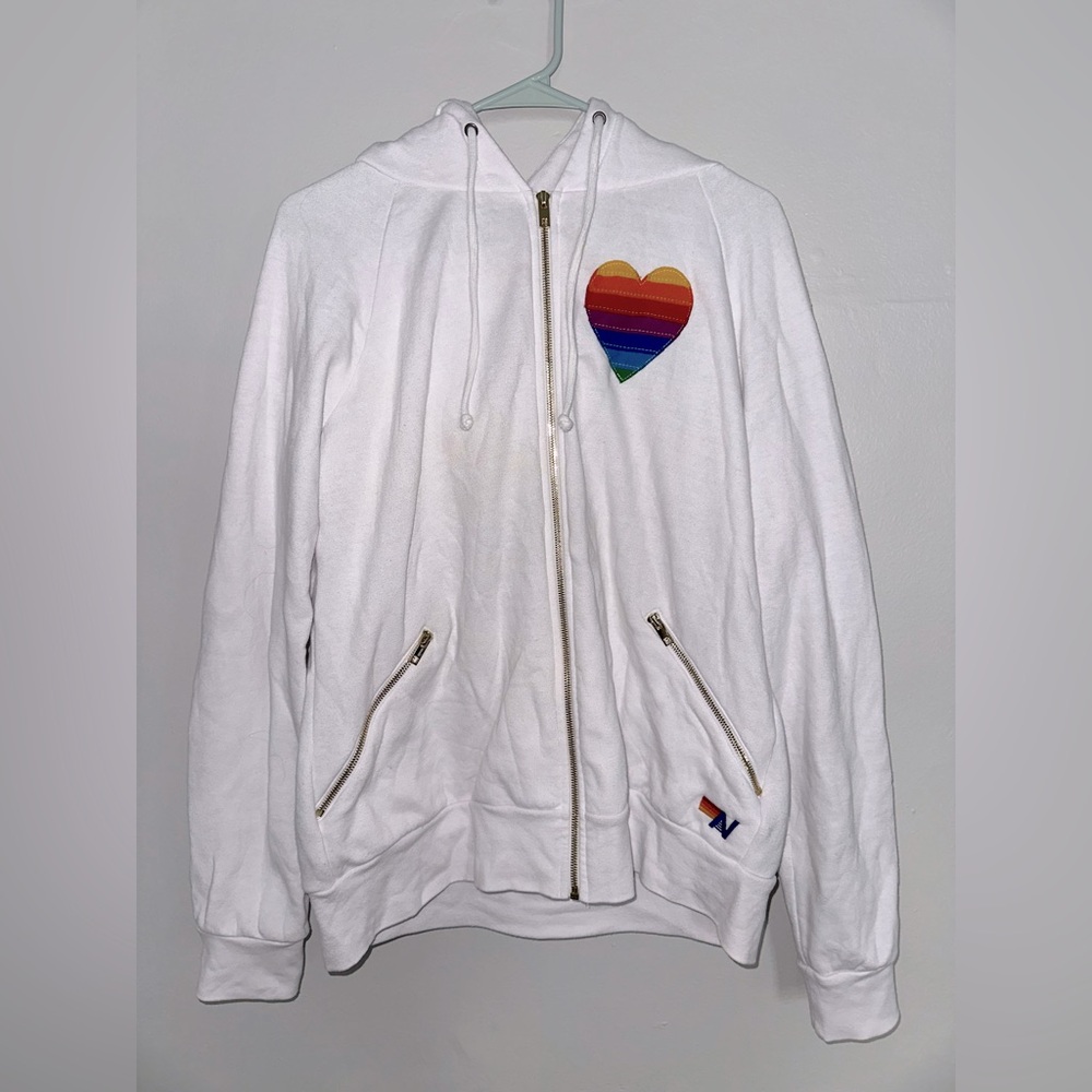 Aviator Nation RAINBOW HEART ZIP HOODIE W/ POCKETS STRIPE White sweatshirt